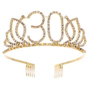 Huaq Girl's 30th Birthday Tiara Crystal Rhinestone Birthday Tiara Queen Crowns Headband with Hair Combs Clip for 30th Birthday Party Prom Decorations (Gold)